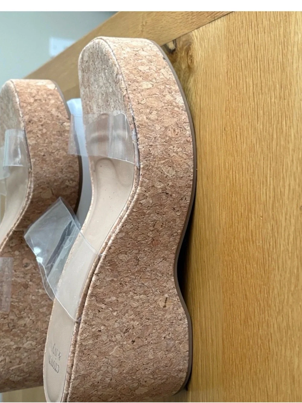 crown & ivy Clear Strap Cork Platform Wedges - Beige